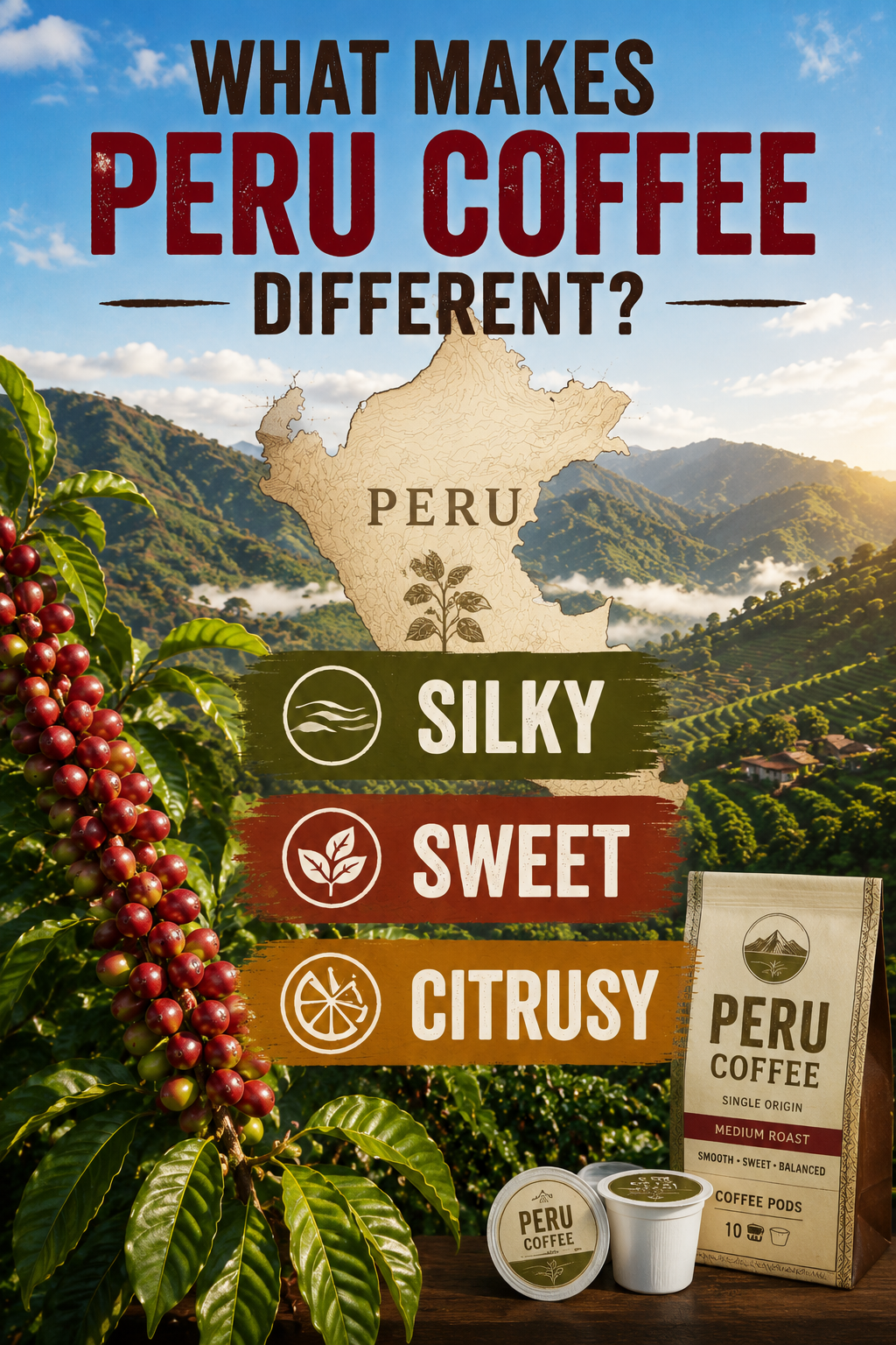 Peru coffee advertisement with coffee beans, packaging, and scenic background