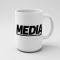 White 15 oz ceramic MEDIA JLR© mug with bold black MEDIA wordmark