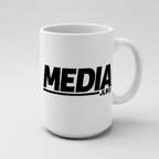 White 15 oz ceramic MEDIA JLR© mug with bold black MEDIA wordmark