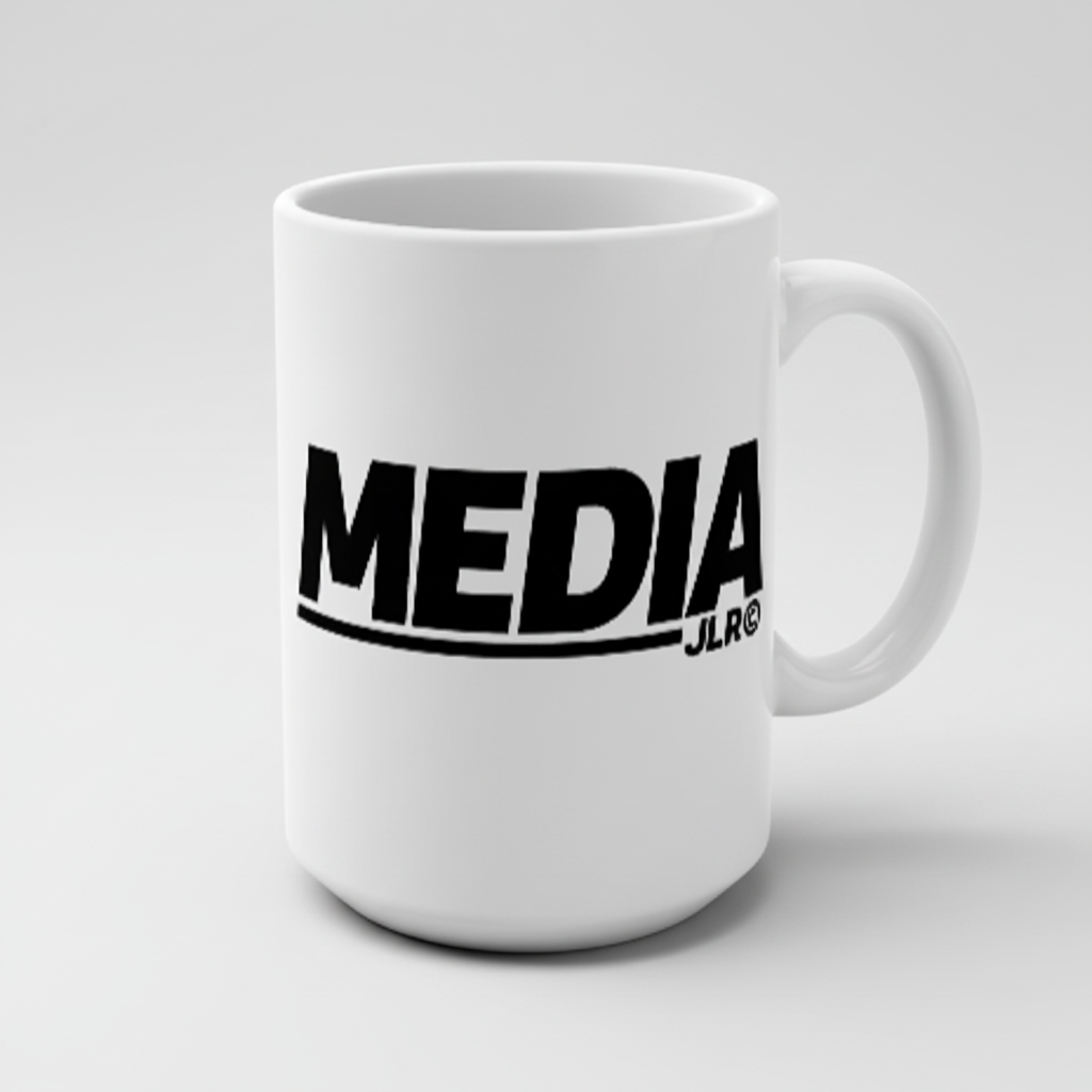White 15 oz ceramic MEDIA JLR© mug with bold black MEDIA wordmark