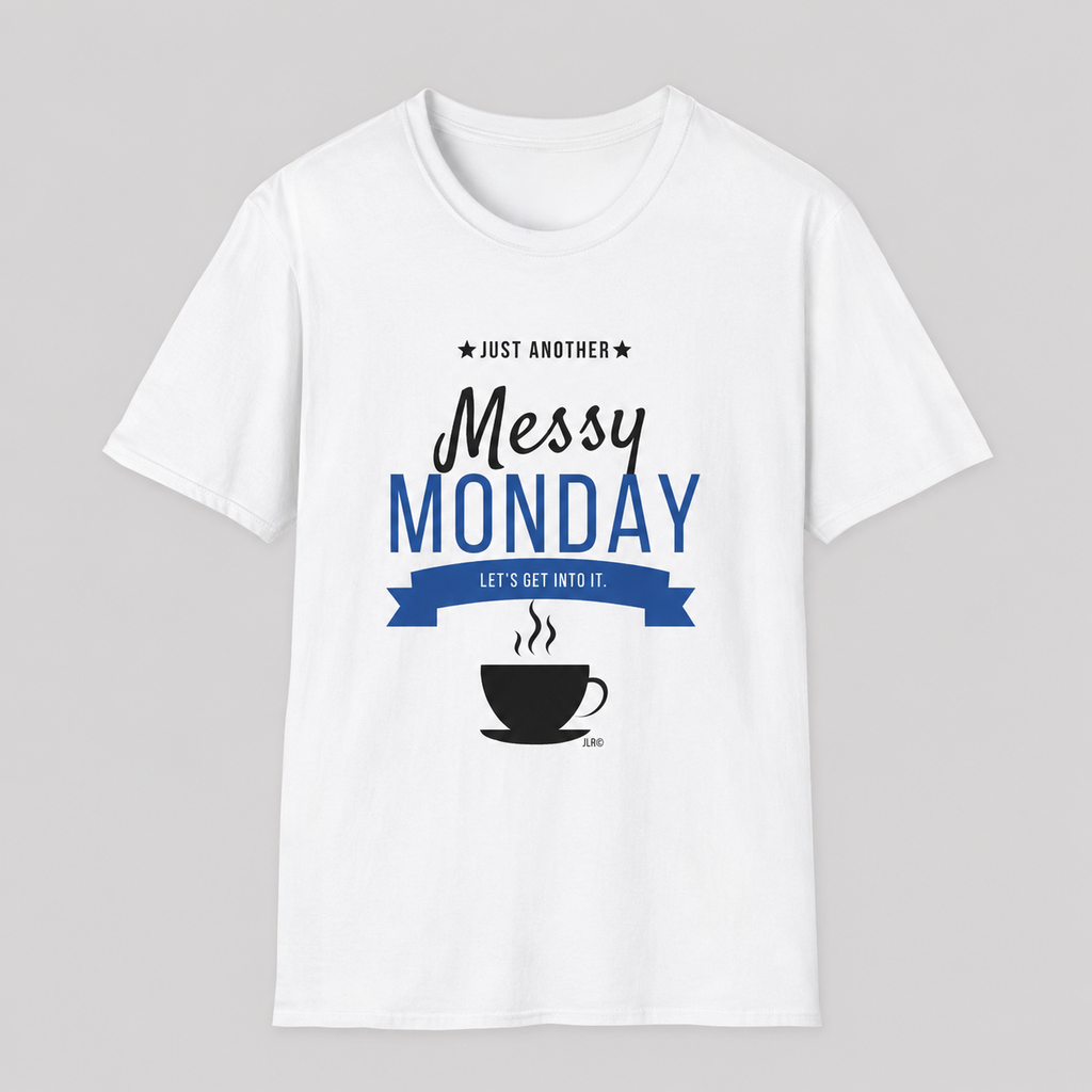 Messy Monday white unisex t-shirt with navy blue graphic design featuring coffee cup and bold typography