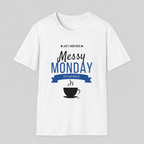 Messy Monday white unisex t-shirt with navy blue graphic design featuring coffee cup and bold typography