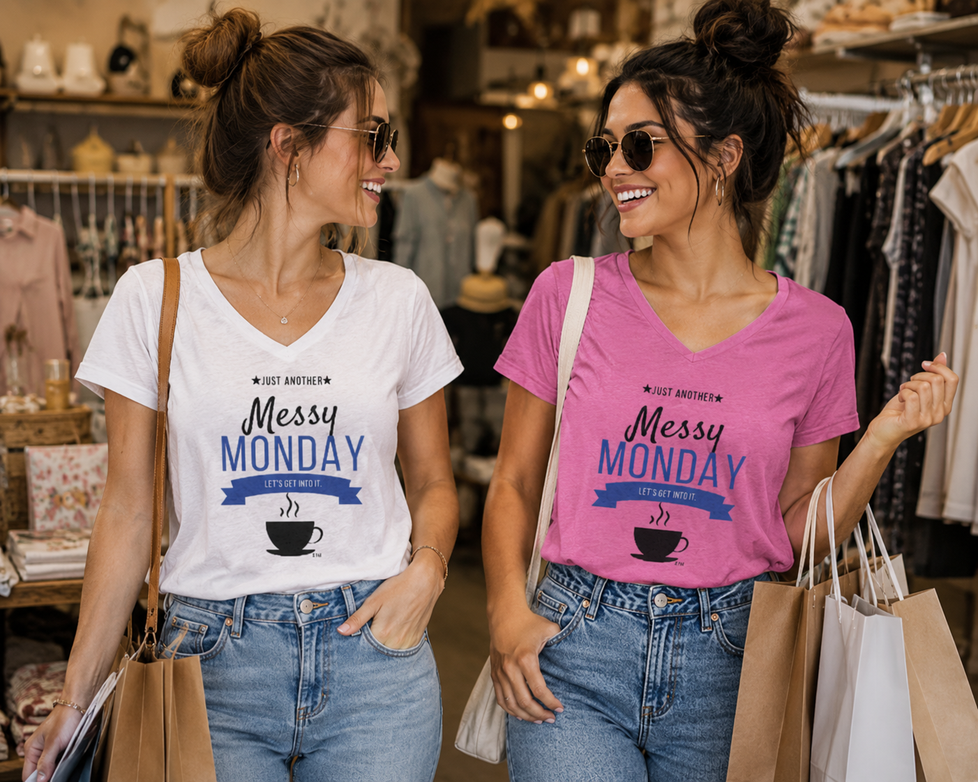 Two women wearing JLR© Messy Monday t-shirts while out shopping — casual Monday lifestyle look for the JLR© Army