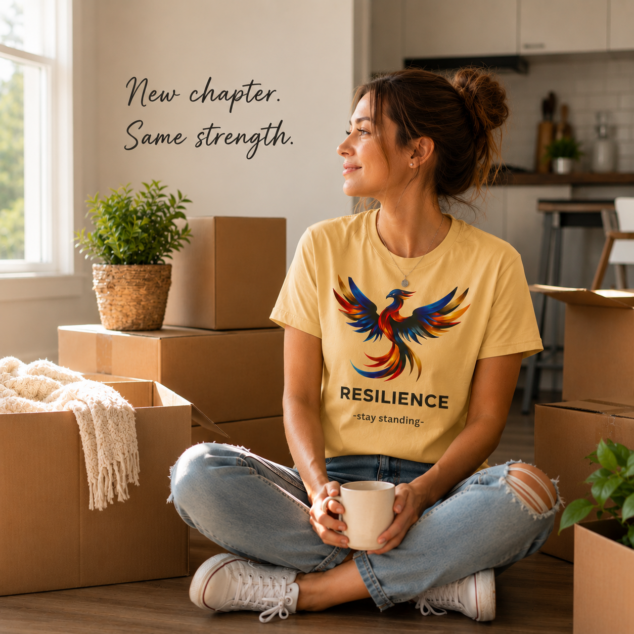 Woman sitting in a kitchen with moving boxes, wearing a 'Resilience' t-shirt.