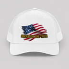 White patriotic trucker hat with distressed American flag graphic and One Nation One Truth text on front panel