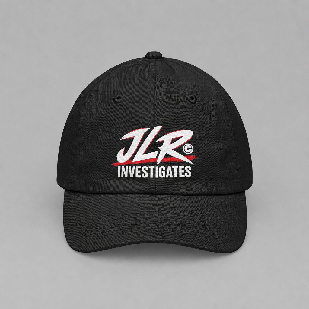 Black JLR© Bold Logo Dad Cap with a high-contrast white JLR© Investigates design.