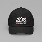 Black JLR© Bold Logo Dad Cap with a high-contrast white JLR© Investigates design.