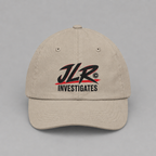 Stone JLR© Bold Logo Dad Cap with a high-contrast black JLR© Investigates design.
