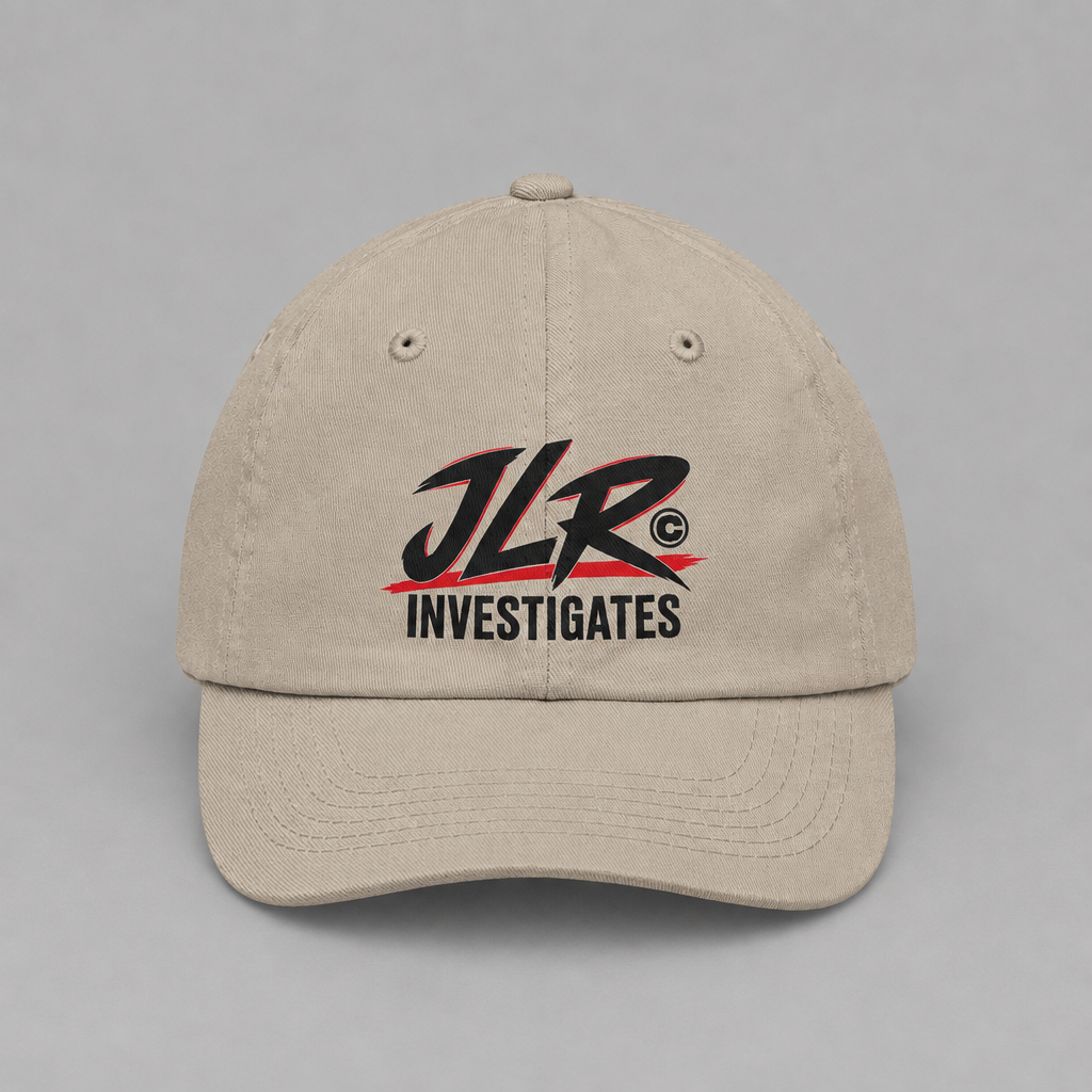 Stone JLR© Bold Logo Dad Cap with a high-contrast black JLR© Investigates design.