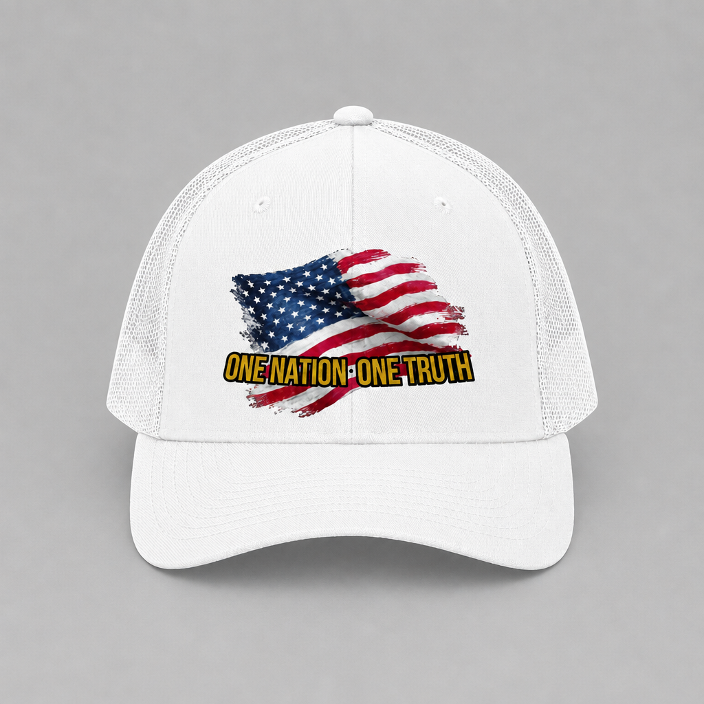 White patriotic trucker hat with distressed American flag graphic and One Nation One Truth text on front panel