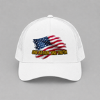 White patriotic trucker hat with distressed American flag graphic and One Nation One Truth text on front panel