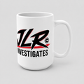 Glossy white ceramic JLR© Bold Logo Mug featuring the black-and-red Investigates logo.