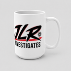 Glossy white ceramic JLR© Bold Logo Mug featuring the black-and-red Investigates logo.