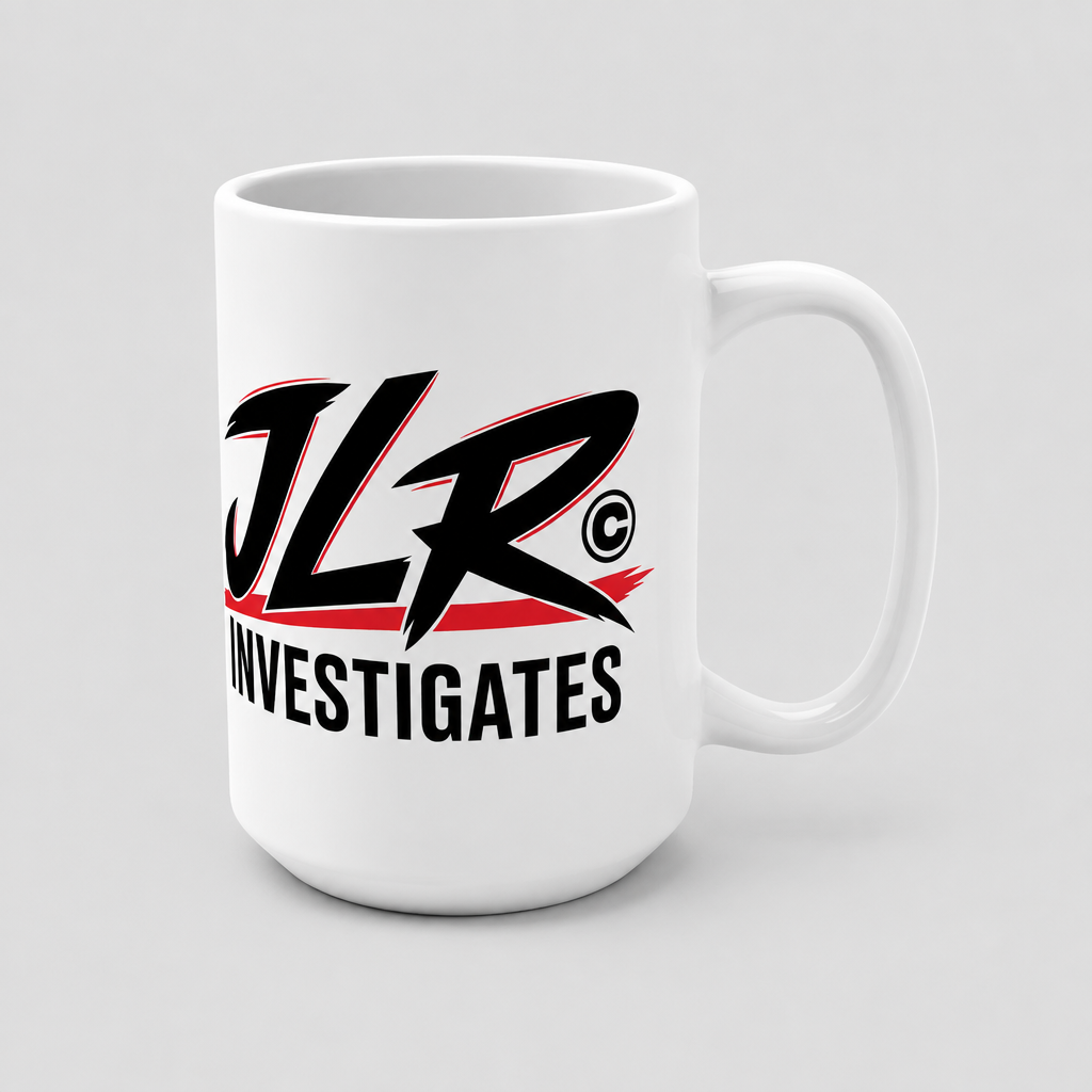 Glossy white ceramic JLR© Bold Logo Mug featuring the black-and-red Investigates logo.