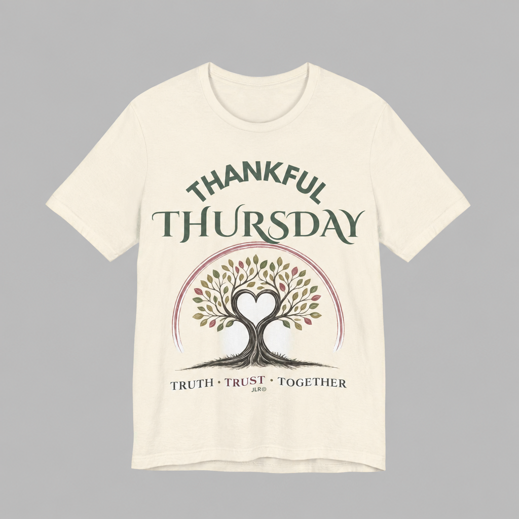 Cream unisex Thankful Thursday t-shirt with tree of life heart graphic and Thankful Thursday Truth Trust Together text on front