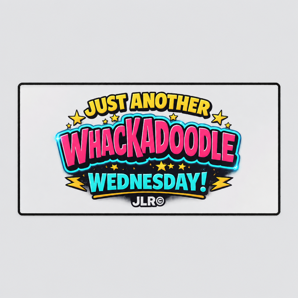 A rectangular white mat or plaque with a black border, featuring the colorful comic-style text 'JUST ANOTHER WHACKADOOLE WEDNESDAY!' and the brand name 'JLR™' at the bottom, shown on a light grey background.