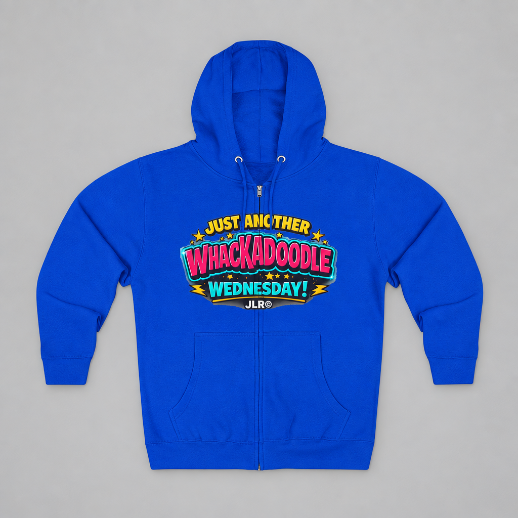 Royal blue Whackadoodle Wednesday zip hoodie with colorful retro graphic and JLR© branding on chest