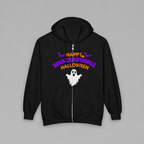Whackadoodle Halloween Full-Zip Hoodie in Black — front view with Happy Halloween ghost graph