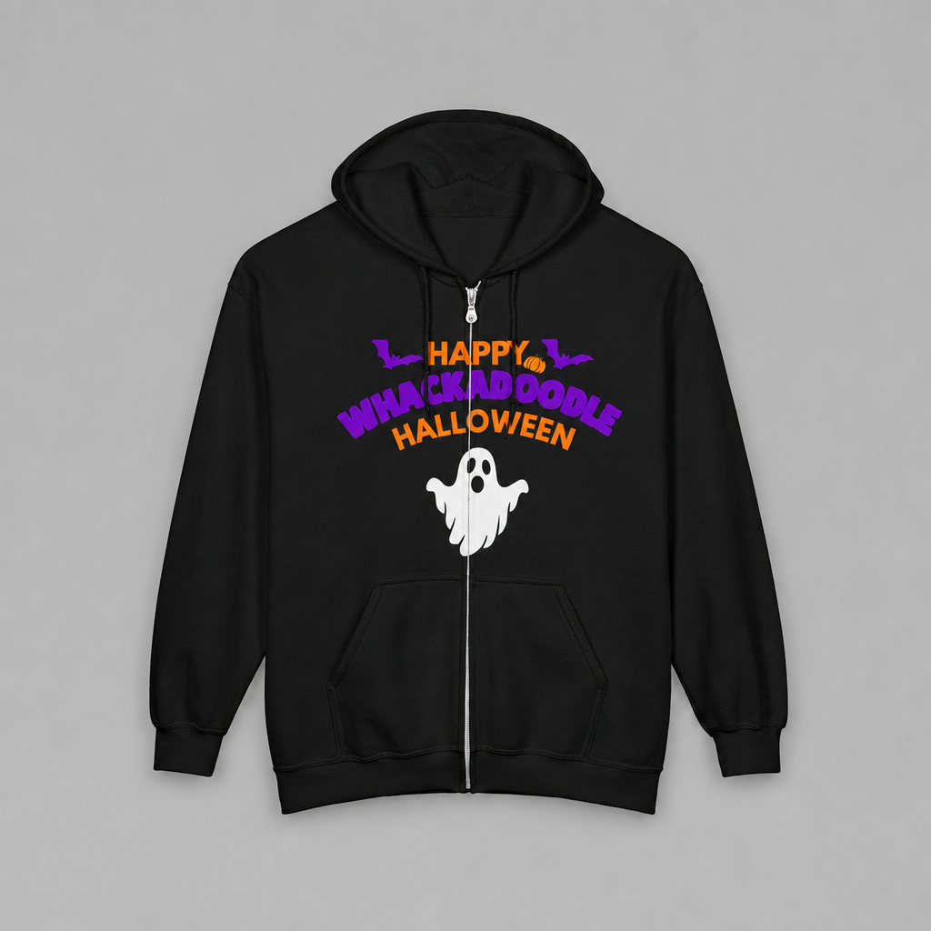 Whackadoodle Halloween Full-Zip Hoodie in Black — front view with Happy Halloween ghost graph
