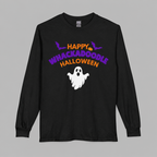 Whackadoodle Halloween Long Sleeve T-Shirt in Black — front view with Happy Halloween ghost graphic