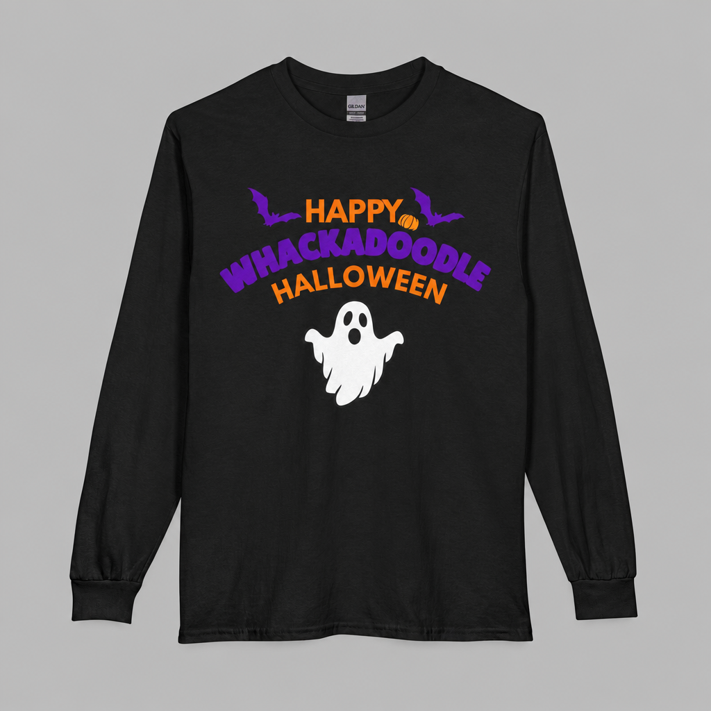 Whackadoodle Halloween Long Sleeve T-Shirt in Black — front view with Happy Halloween ghost graphic