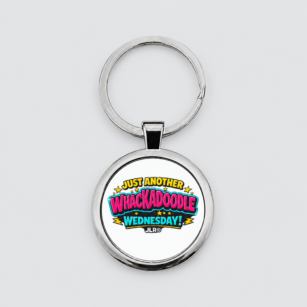 A silver metal round keychain with a printed graphic that reads 'JUST ANOTHER WHACKADOBLE WEDNESDAY!' in colorful comic-style lettering, shown on a light grey background.