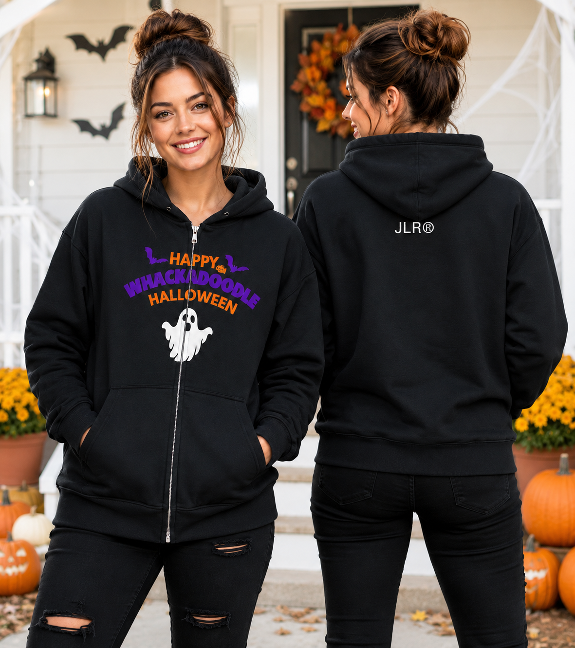 Whackadoodle Halloween Full-Zip Hoodie in Black — lifestyle shot showing front and back with JLR© logo