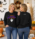 Whackadoodle Halloween Long Sleeve T-Shirt in Black — lifestyle shot showing front and back with JLR© logo