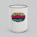 Whackadoodle Wednesday 15oz white ceramic coffee mug with black rim and handle and bold graphic print — JLR Investigates