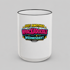 Whackadoodle Wednesday 15oz white ceramic coffee mug with black rim and handle and bold graphic print — JLR Investigates