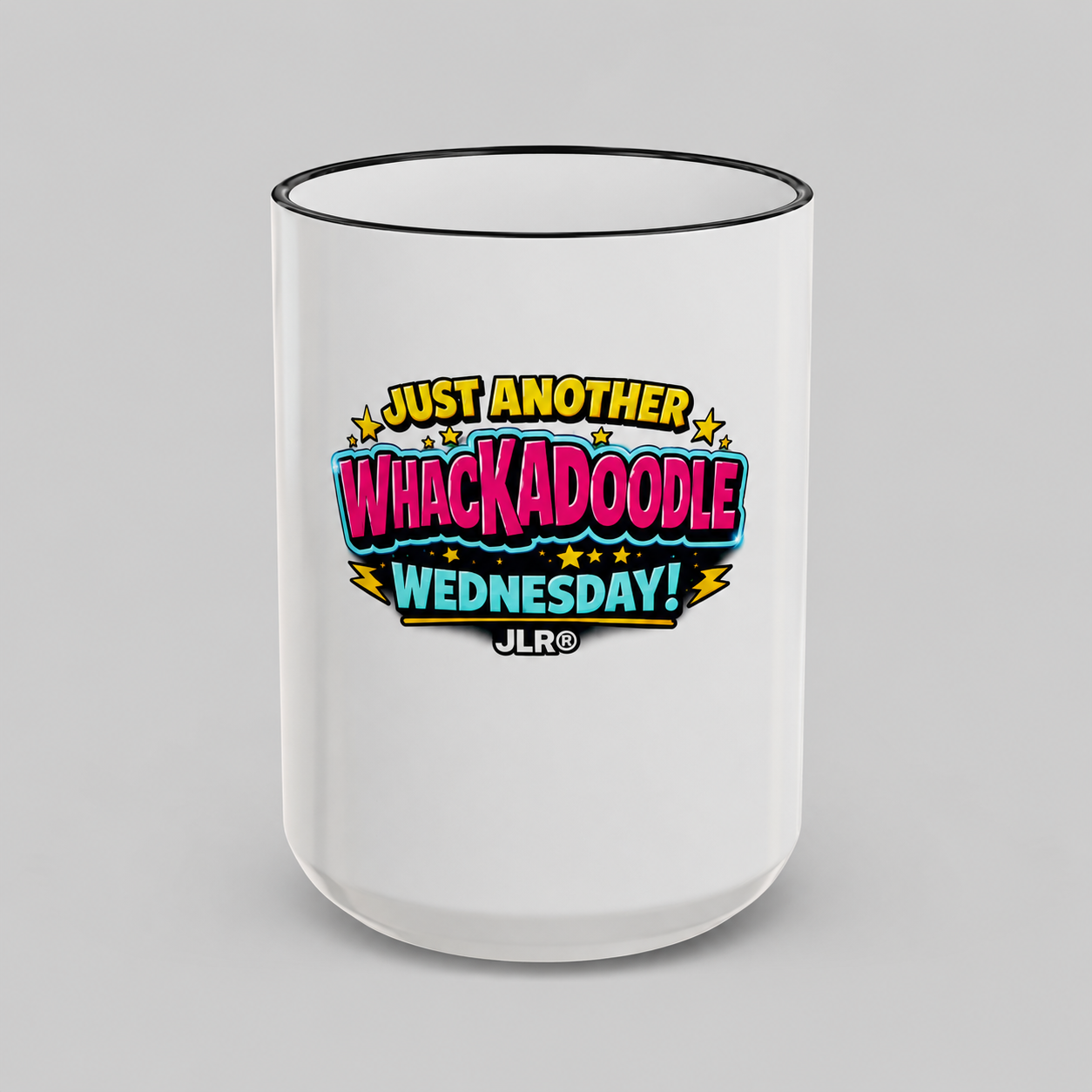 Whackadoodle Wednesday 15oz white ceramic coffee mug with black rim and handle and bold graphic print — JLR Investigates