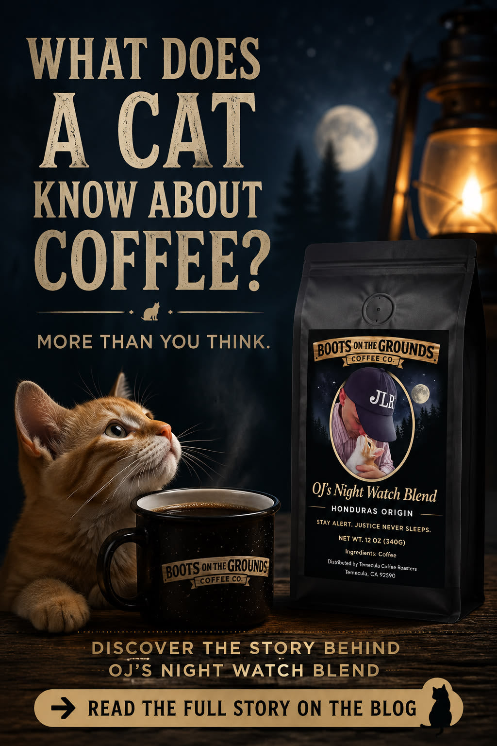 Moody nighttime coffee graphic featuring a ginger cat beside a steaming mug of Boots on the Grounds Coffee Co. coffee and a bag of OJ’s Night Watch Blend Honduras Origin coffee under a moonlit sky. Text reads “What Does a Cat Know About Coffee? More Than You Think.” inviting viewers to discover the story behind the blend on the blog.
