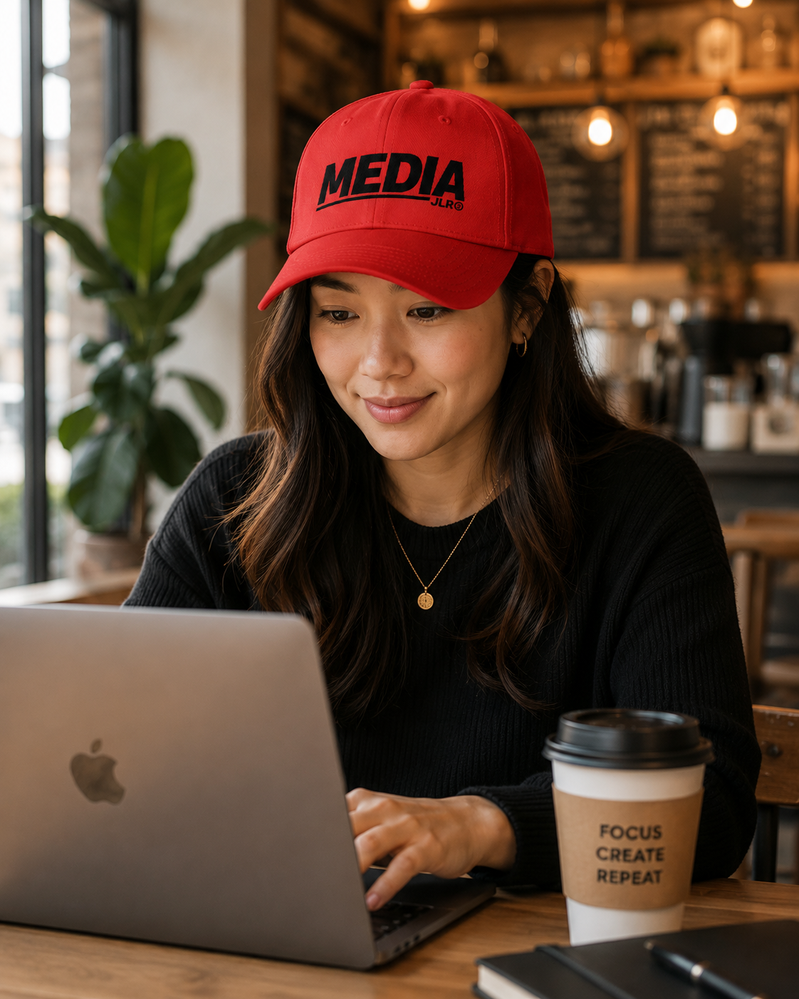 Woman wearing red Media baseball cap while working on laptop — JLR Investigates